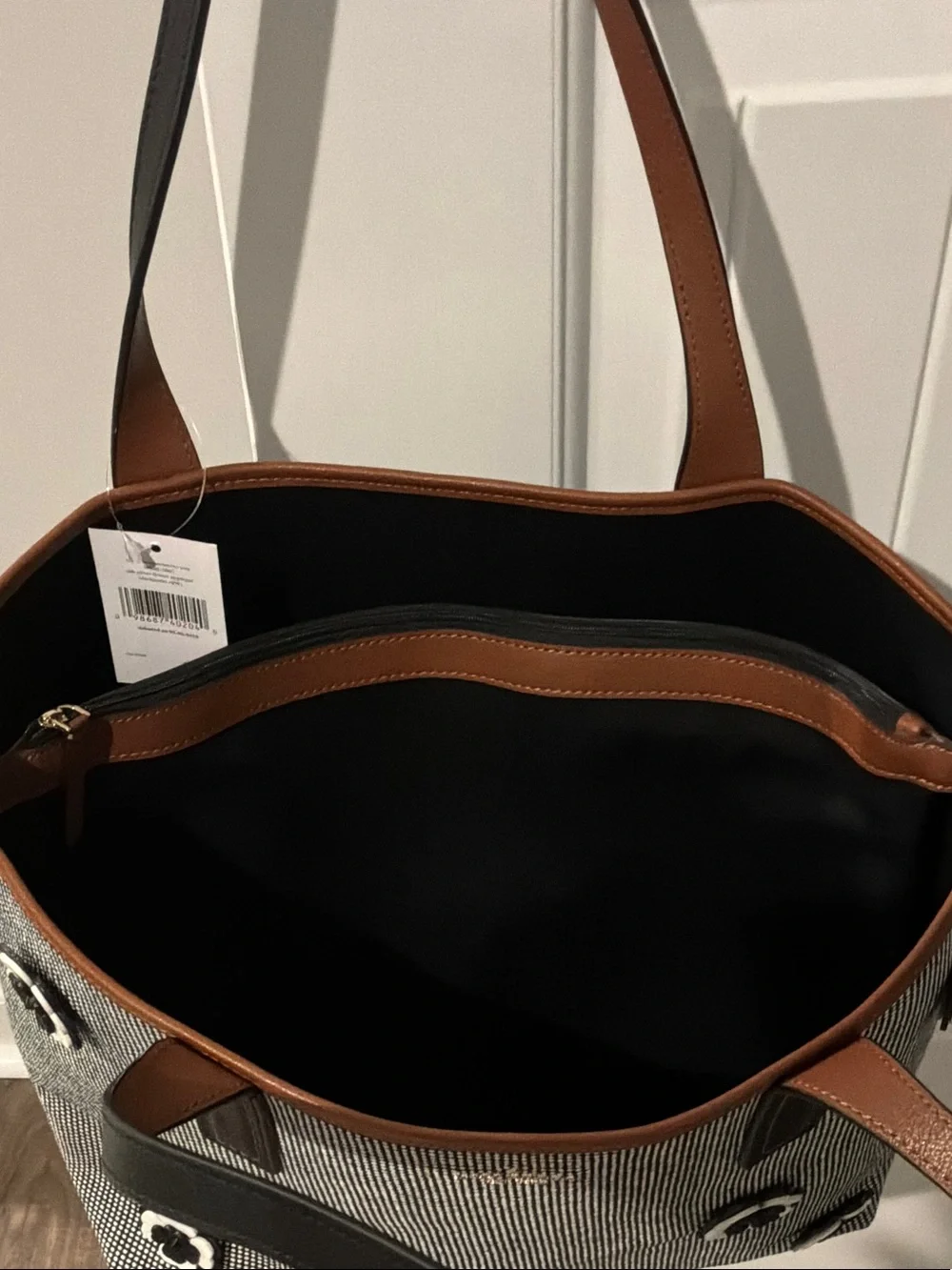 kate spade Black & White Floral Appliqué Tote with Brown Trim